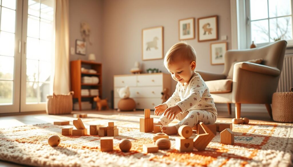 A warm, serene scene of a young child playing happily in a sunlit nursery. Soft natural light filters through large windows, casting a golden glow on the plush, colorful rug and wooden toys scattered across the floor. The child, clad in cozy pajamas, explores with curiosity, their chubby fingers grasping at building blocks and stuffed animals. The room is tastefully decorated with neutral tones, soothing wall art, and a comfortable armchair in the corner, inviting a parent to sit and observe the child's joyful discovery. An atmosphere of contentment and well-being permeates the space, capturing the essence of health and happiness in the first 1000 days of life.