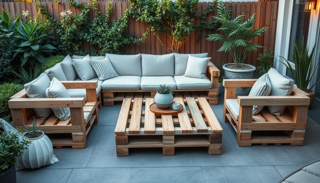 A well-designed outdoor lounge with a focus on upcycled pallet furniture. The scene features a minimalist pallet sofa and armchair arrangement, accented by lush greenery and natural wood tones. Soft, diffused lighting casts a warm, inviting ambiance, with thoughtful design elements like throw pillows and a decorative pallet coffee table. The composition showcases the versatility and aesthetic potential of pallet-based furniture, inspiring viewers to envision their own custom patio or garden retreat. A neutral color palette and clean lines create a serene, Scandinavian-inspired atmosphere, highlighting the planning and design process behind this sustainable, DIY project.