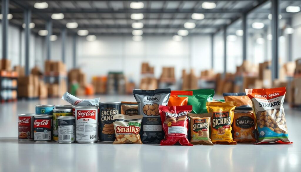 A well-lit and meticulously detailed still life, showcasing a variety of packaged food products. The foreground features an assortment of suspiciously labeled items, ranging from canned goods to snack packs, all neatly arranged on a clean, minimalist surface. The middle ground reveals a blurred backdrop of a modern warehouse or distribution center, hinting at the online retail supply chain. Subtle shadows and soft, directional lighting create a sense of depth and emphasize the textural quality of the packaging materials. The overall mood is one of clinical precision, raising questions about the quality control and safety measures employed in this e-commerce food distribution system.