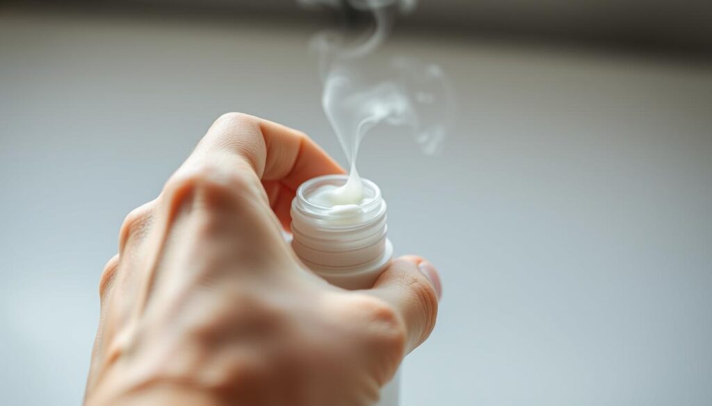 A well-lit close-up of a person's hand carefully examining the surface of a bottle of sunscreen, a faint wisp of steam rising from the opened container. The scene is captured with a crisp, high-resolution lens, revealing the intricate texture of the skin and the subtle nuances of the sunscreen's consistency. The lighting is soft and diffused, creating a sense of scientific observation and attention to detail. The background is slightly blurred, placing the focus squarely on the delicate inspection process, conveying the importance of assessing the sunscreen's condition before use.