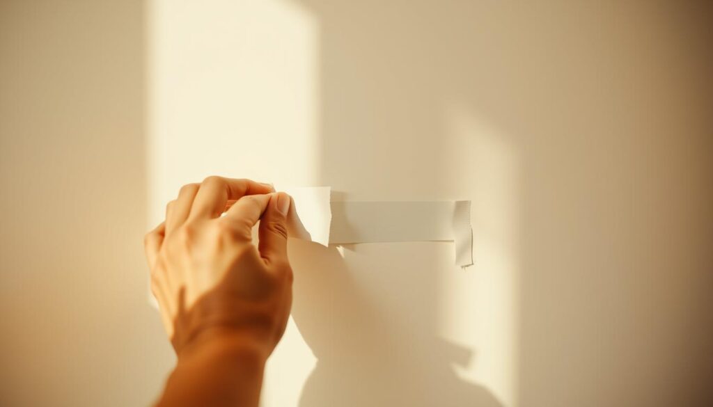 A well-lit, close-up photograph of a person's hands carefully taping off edges and corners of a white wall, preparing it for painting. The masking tape is precisely applied, creating clean, sharp lines. The hands move with meticulous attention, ensuring an even, professional finish. The background is slightly blurred, focusing the viewer's attention on the careful technique of the taping process. Warm, natural lighting casts subtle shadows, emphasizing the texture of the wall surface. The overall mood is one of methodical attention to detail, capturing the essential steps of properly preparing a wall for a successful painting project.