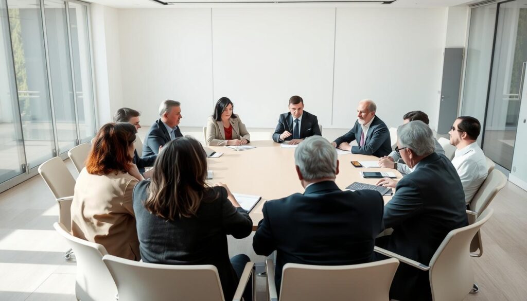 A well-lit conference room with a large table around which several individuals are seated, engaged in lively discussion. The foreground features the faces and upper bodies of the participants, their expressions and gestures conveying the intensity of the conversation. The middle ground shows the expanse of the table, with various documents and notepads scattered across its surface, hinting at the topics being discussed. The background is slightly blurred, revealing a clean, modern interior with large windows allowing natural light to flood the space, creating a sense of openness and transparency. The overall mood is one of serious, but productive, political discourse.
