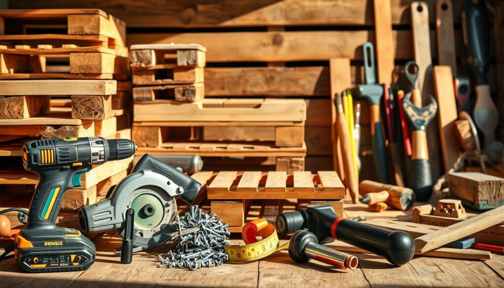 A well-lit, detailed still life depicting an assortment of construction materials and tools for building a pallet terrace. In the foreground, neatly arranged power tools such as a cordless drill, circular saw, and hammer. In the middle ground, stacks of wooden pallets, screws, nails, and a measuring tape. In the background, a collection of hand tools like a level, chisel, and paintbrushes. The scene conveys a sense of organization and preparedness, reflecting the methodical process of constructing a DIY pallet terrace. Warm, natural lighting casts shadows and highlights the textures of the various materials. The overall composition suggests the necessary elements for a successful DIY pallet terrace project.