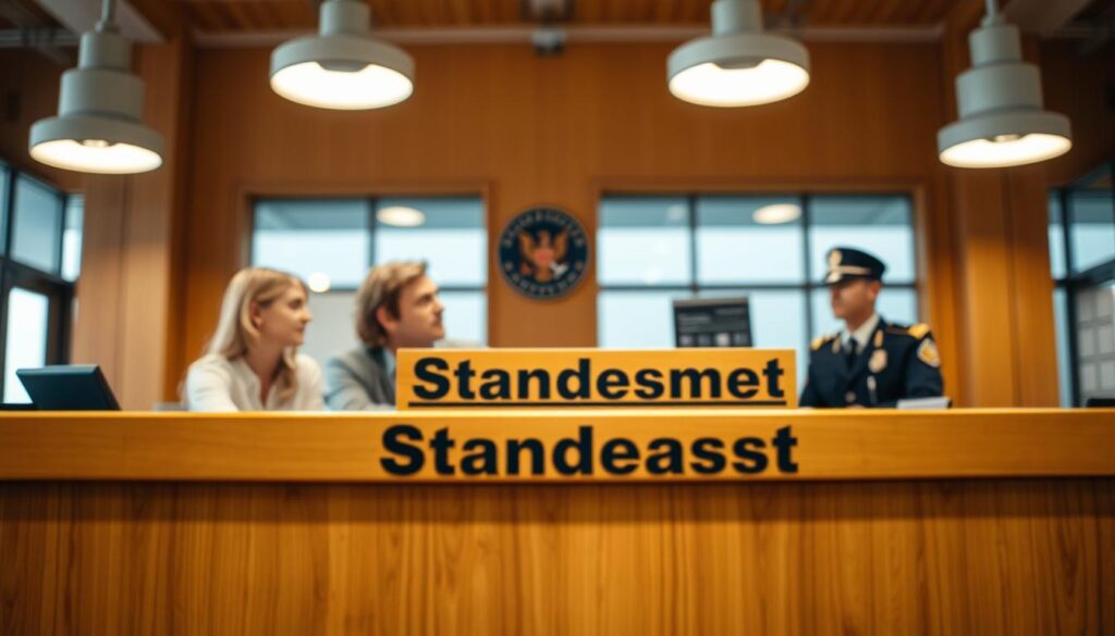 A well-lit interior of a government office, featuring a large wooden desk with a stylized nameplate reading "Standesamt" prominently displayed. In the foreground, a young couple sits across the desk, engaged in a serious discussion with a uniformed official. The couple's expressions convey a mix of anticipation and apprehension as they navigate the application process. The background is blurred, emphasizing the focus on the central scene. Warm lighting from overhead fixtures casts a subtle glow, creating a professional yet approachable atmosphere. The scene captures the essence of the bureaucratic yet pivotal "Antragsprozess" at the Standesamt.