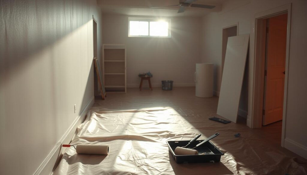 A well-lit interior scene showcasing the drying process during a wall painting project. In the foreground, a freshly painted wall section glistens with a smooth, even finish. Subtle shadows and highlights accentuate the texture of the paint. In the middle ground, a paint roller and tray rest on a sheet-covered surface, indicating a pause in the painting work. Indirect natural light streams in through a nearby window, casting a warm, ambient glow throughout the space. The background features other walls in various stages of completion, hinting at the progression of the overall painting task. The atmosphere is one of focused productivity, with a sense of anticipation as the paint dries and the second coat awaits application.