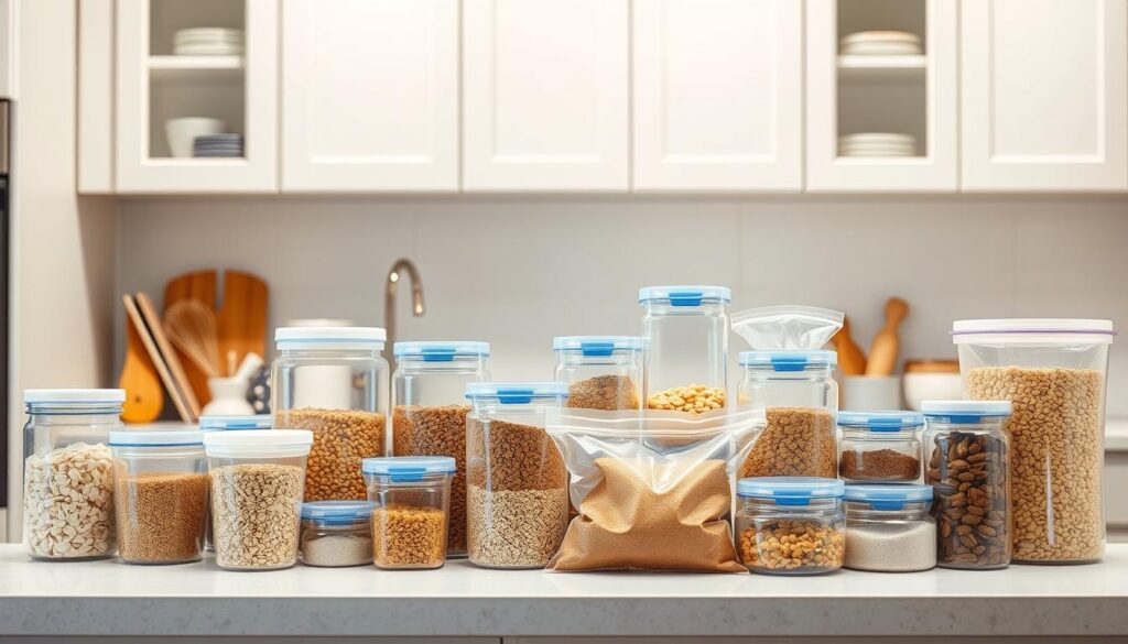 A well-lit kitchen counter displaying an assortment of airtight food storage containers, jars, and sealed bags. The items are neatly arranged, showcasing a variety of common household foods like grains, cereals, and baked goods. The lighting is soft and diffused, creating a clean, organized atmosphere. The background features clean, minimal kitchen cabinetry and walls, ensuring the focus remains on the storage solutions. The overall scene conveys a sense of order and practicality, demonstrating effective strategies to store food safely and deter ant infestations.