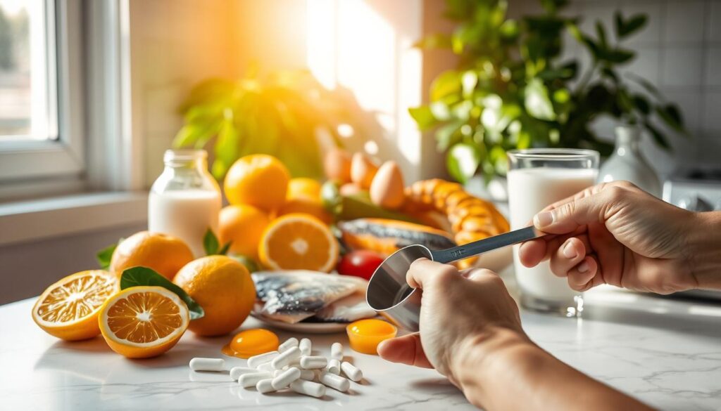 A well-lit kitchen counter, with an array of vitamin D-rich foods artfully arranged - juicy citrus fruits, oily fish, egg yolks, and a glass of fortified milk. In the foreground, a person's hand carefully measures out vitamin D supplements, while sunlight streams in through a nearby window, casting a warm, natural glow over the scene. The background features a vibrant, verdant plant, symbolizing the vitality and health that optimal vitamin D intake can provide. The overall composition conveys a sense of balance, care, and a holistic approach to maintaining proper vitamin D levels.
