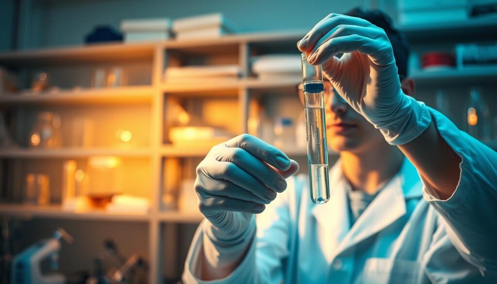 A well-lit laboratory setting, with a scientist carefully pipetting a DNA sample into a transparent analysis tube. Shelves of scientific equipment and glassware in the background, casting a warm, focused glow. Shallow depth of field highlights the intricate process, while the overall scene conveys a sense of precision and scientific inquiry. The image should evoke the systematic, methodical nature of genetic analysis, complementing the section title "Der Prozess einer Genanalyse".