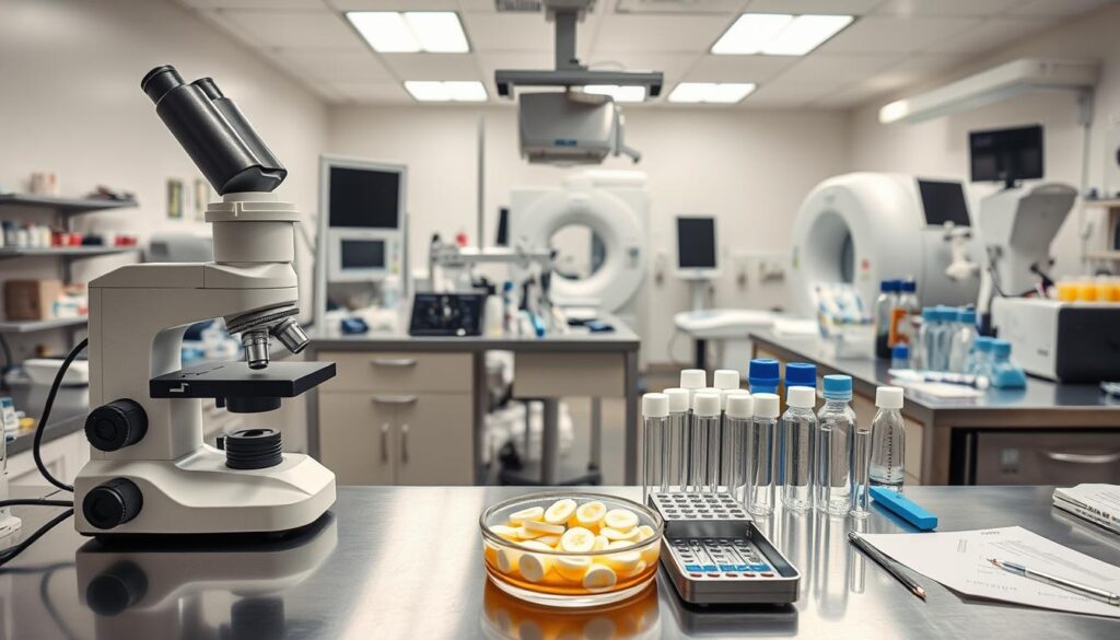 A well-lit medical laboratory setting with various diagnostic equipment and tools arranged neatly on stainless steel countertops. In the foreground, a microscope and a Petri dish filled with samples. In the middle ground, test tubes, pipettes, and other analysis instruments. The background showcases advanced imaging devices such as an X-ray machine and a CT scanner. The overall atmosphere is one of precision, professionalism, and state-of-the-art medical technology, conveying the seriousness and importance of HPV diagnostics and early detection.