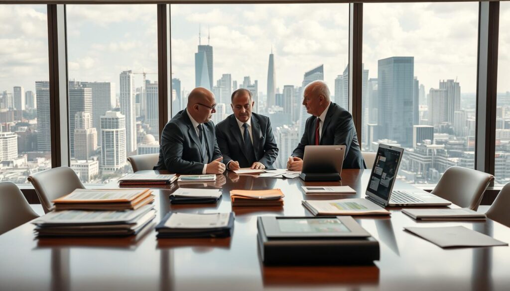 A well-lit, modern office setting with a conference table in the foreground. On the table, various documents, folders, and a laptop are arranged, suggesting an ongoing discussion about policy decisions. In the middle ground, a group of government officials in professional attire are engaged in a meeting, their expressions serious as they ponder potential alternative measures to address the lack of electricity price reduction. The background features floor-to-ceiling windows, offering a view of a bustling city skyline, conveying a sense of the broader societal implications of the topic at hand. The overall atmosphere is one of thoughtful deliberation, with a touch of urgency reflecting the importance of the issue.