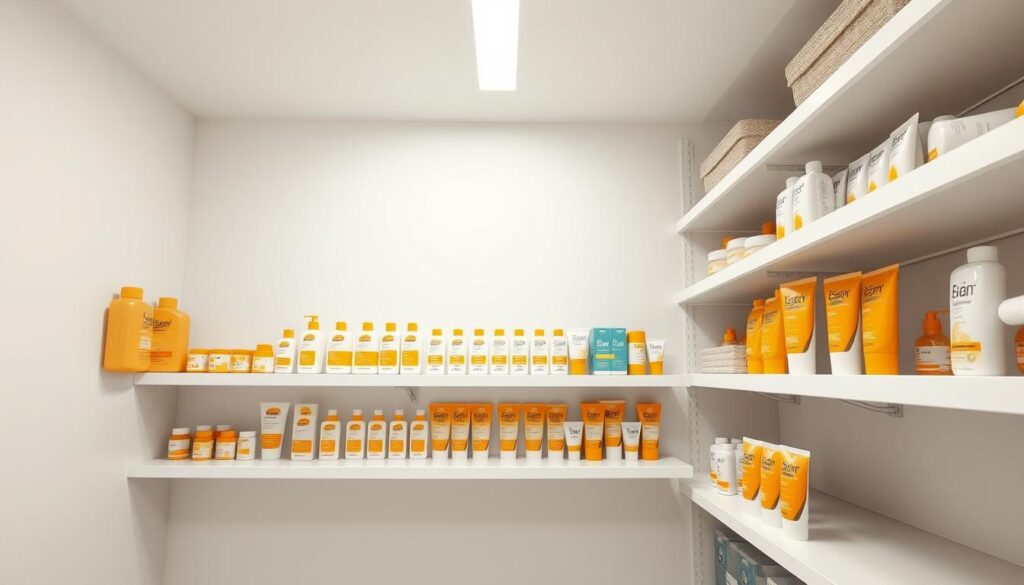 A well-organized storage area showcasing optimized shelving and organization for sunscreen products. The scene features neatly arranged bottles and tubes of sunscreen on sleek, minimalist shelves with adequate spacing. Soft, diffused lighting from overhead fixtures creates a clean, professional atmosphere. The camera angle emphasizes the orderly display, inviting the viewer to envision the proper storage technique for maximizing sunscreen longevity. Subtle earth-toned accents in the background complement the packaging, conveying a sense of natural, healthy sun protection. An airy, uncluttered composition highlights the importance of maintaining optimal storage conditions for sunscreen.