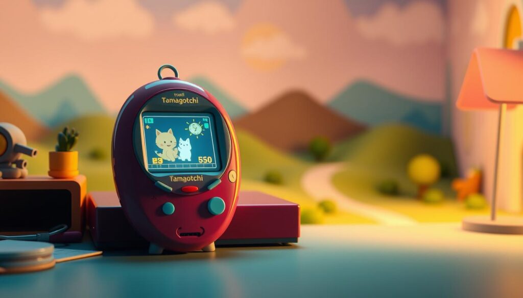 A whimsical, vibrant scene of the classic Tamagotchi digital pet world. In the foreground, a colorful Tamagotchi device sits atop a retro-styled desk, its pixelated screen flickering with the playful animations of a virtual creature. The middle ground features a nostalgic, low-poly landscape, with undulating hills, lush foliage, and a pastel-hued sky. Subtle lighting creates a warm, dreamlike atmosphere, evoking the enchanting, tactile experience of caring for a virtual companion. The overall composition captures the essence of the Tamagotchi craze, blending modern digital aesthetics with a comforting sense of vintage charm.