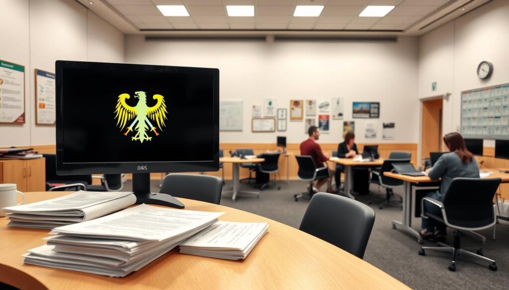 A wide-angle shot of a modern government office interior, with a large, well-lit desk taking center stage. On the desk, a stack of official-looking documents and a computer monitor displaying the emblem of the German social welfare system. The walls are adorned with informational posters and certificates, creating a sense of authority and bureaucracy. The room is populated by a few individuals, casually dressed, seated at smaller desks, engaged in paperwork and discussions. The overall atmosphere is one of quiet efficiency, with a slight undertone of bureaucratic procedures and government assistance programs.