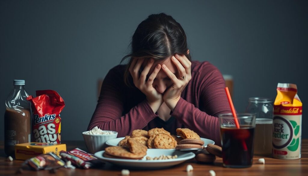 A woman sitting at a table, her head in her hands, her expression one of deep emotional distress. The table is cluttered with various sugary snacks and drinks, a visual representation of her struggle with emotional eating. The lighting is soft and muted, casting a somber tone over the scene. The background is blurred, focusing the viewer's attention on the woman and the unhealthy relationship between her emotions and her eating habits.