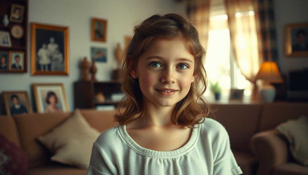 A young Anna Maria Ferchichi, surrounded by the warmth of her family, stands in a cozy living room. Soft lighting from a nearby window gently illuminates her face, capturing her natural beauty and youthful spirit. In the background, family photographs adorn the walls, hinting at the love and support that nurtured her early life. The scene exudes a sense of comfort and belonging, providing a glimpse into the formative years that shaped the woman she would become.