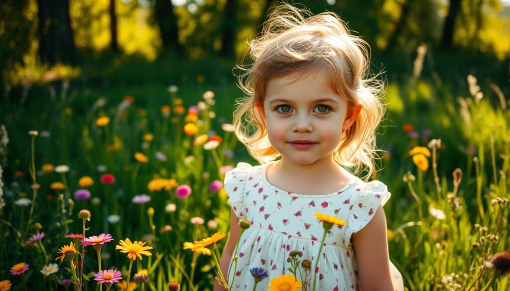 A young Sophia Thomalla, with a bright, inquisitive gaze, stands in a sun-dappled meadow, surrounded by vibrant wildflowers and lush greenery. Her fair skin and delicate features hint at her youthful innocence, while a hint of mischief in her eyes suggests a spirited and curious nature. The warm, golden light filters through the trees, casting a soft, nostalgic glow over the scene, capturing a moment of Sophia's formative years and the tranquility of her family's pastoral setting.
