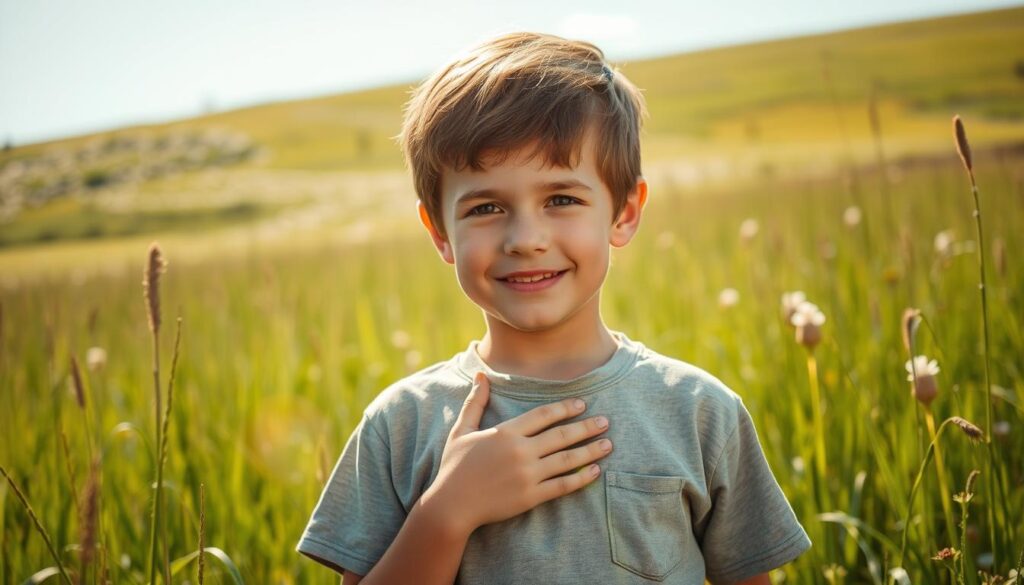 A young boy, Jax, standing in a serene meadow, his expression exuding empathy and understanding. Sunlight filters through the tall grass, casting a warm glow upon his face. In the background, a distant rolling hill dotted with wildflowers, creating a tranquil, pastoral scene. Jax's posture is relaxed, one hand gently resting on his chest, conveying a sense of compassion and sincerity. The lighting is soft and natural, enhancing the emotional depth of the moment. The angle is slightly low, elevating Jax's presence and highlighting his thoughtful demeanor. This image aims to capture the essence of Jax's heartfelt display of empathy, evoking a sense of tenderness and emotional resonance.