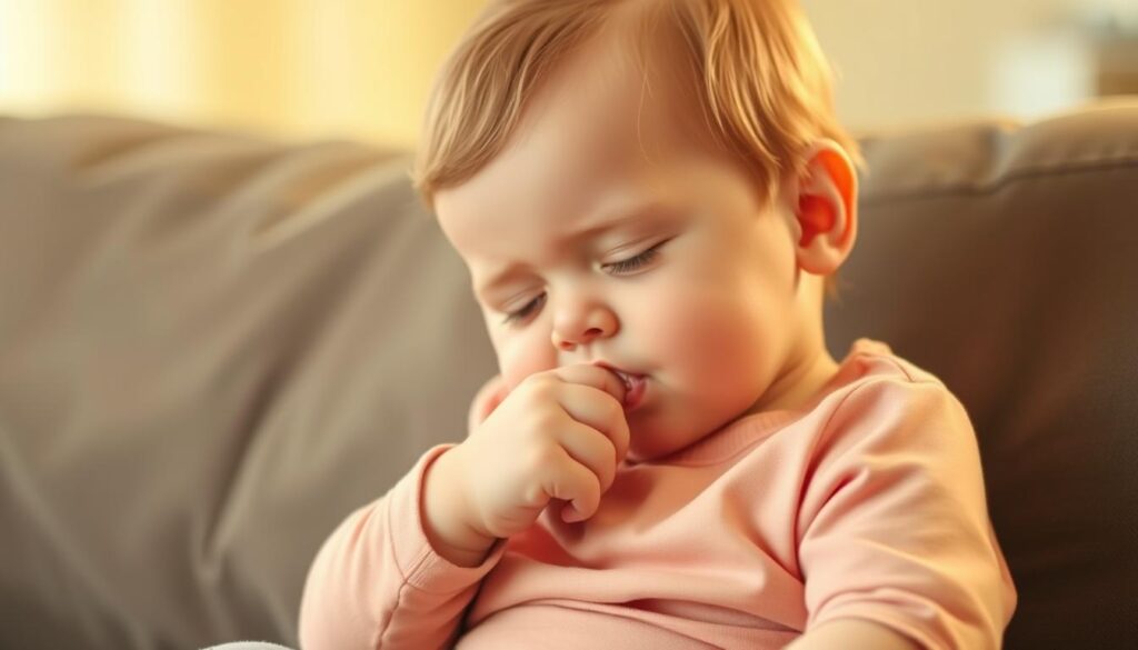 A young child sitting on a couch, contentedly sucking their right thumb, their eyes gently closed as they indulge in the soothing, familiar gesture. The scene is bathed in warm, soft lighting, creating a tranquil, comforting atmosphere. The child's pose is relaxed, their body language conveying a sense of security and comfort. The background is slightly blurred, keeping the focus on the child's face and hand, emphasizing the intimate, personal nature of the moment. The image reflects the positive aspects of thumb-sucking, capturing the soothing, self-soothing behavior that many infants and young children engage in.