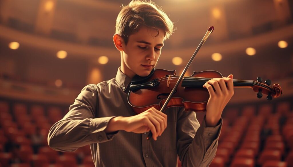 A young, focused violinist named Jakob Grün stands center stage, his fingers deftly maneuvering the strings of his instrument. Warm, golden light bathes the scene, casting a soft, romantic glow. In the background, a softly blurred concert hall filled with rows of empty seats, hinting at the grand performance to come. Jakob's expression is one of deep concentration, his brow furrowed as he loses himself in the music. The scene captures the essence of a budding virtuoso, his talent and dedication shining through in every note.