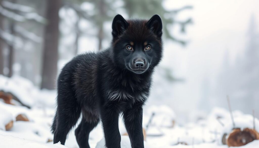 A young wolf pup standing in a snow-covered forest, its thick black fur glistening in the soft, diffused lighting. The pup's alert gaze peers out from under its shaggy brow, conveying a sense of primal intelligence and connection to the wild. The background is a blur of towering pines and a mist-shrouded landscape, emphasizing the pup's solitary yet vital presence in its natural environment. The scene evokes a sense of timelessness, hinting at the wolf's ancient lineage and the enduring significance of its distinct coloration.