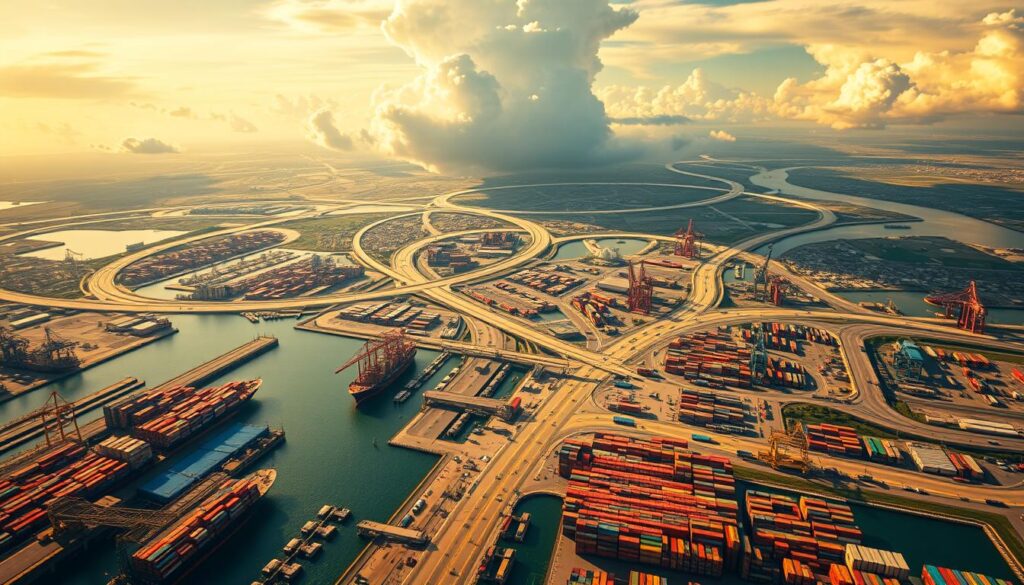 An aerial view of a dynamic global trade network, showcasing the intertwined relationships between international economies. The foreground depicts a vast, bustling port with cargo ships, cranes, and containers in a vibrant color palette. The middle ground features a web of trade routes and transportation hubs, interconnected by roads, railways, and waterways. In the background, a dramatic sky with bold cloud formations and warm, directional lighting creates a sense of scale and grandeur. The overall scene conveys the intricate and ever-evolving nature of global trade, capturing the strategic shifts and challenges faced by world leaders like President Trump.