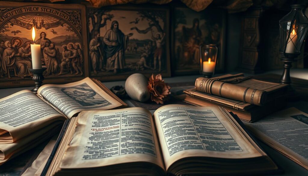 An ancient open book with weathered pages lies at the center, surrounded by aged parchments, scrolls, and vellum folios. Ornate illuminated manuscripts with intricate calligraphy and religious iconography adorn the foreground, while in the background, scenes of historical events and figures from the biblical era unfold, casting a contemplative and scholarly atmosphere. Muted warm lighting from candles and oil lamps casts a soft, reverent glow, evoking a sense of timeless wisdom and the profound influence of the Bible throughout history. Subtle textures and aged patinas lend an authentic, museum-like quality to the composition.