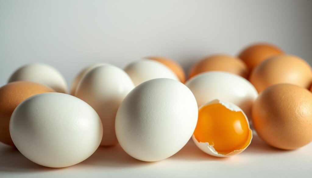An assortment of fresh, high-quality eggs arranged artfully against a clean, minimalist background. The eggs are the central focus, showcasing their natural beauty and highlighting their role as a versatile, nutrient-dense superfood for athletic performance. Soft, diffused lighting illuminates the smooth, glossy shells, creating a sense of warmth and vitality. The composition is balanced, with the eggs positioned in a visually appealing manner that draws the viewer's eye. The overall mood is one of simplicity, health, and the power of nature's perfect protein.