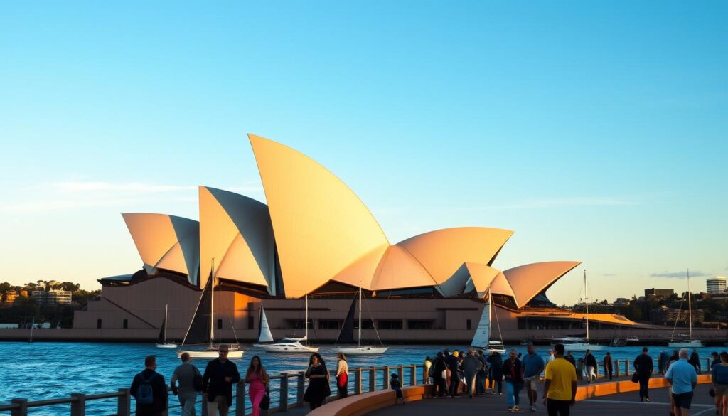 An elegant, majestic view of the iconic Sydney Opera House, bathed in the warm glow of the evening sun. The distinctive shell-like roofs and sweeping curves of the architecture stand in sharp contrast against a vibrant, azure sky. In the foreground, people stroll along the promenade, captivated by the building's sheer scale and artistic brilliance. The sails of boats dot the harbor, reflecting the opera house's stunning silhouette. A sense of cultural significance and architectural wonder permeates the scene, capturing the opera house's enduring legacy as a global symbol of 20th-century design.