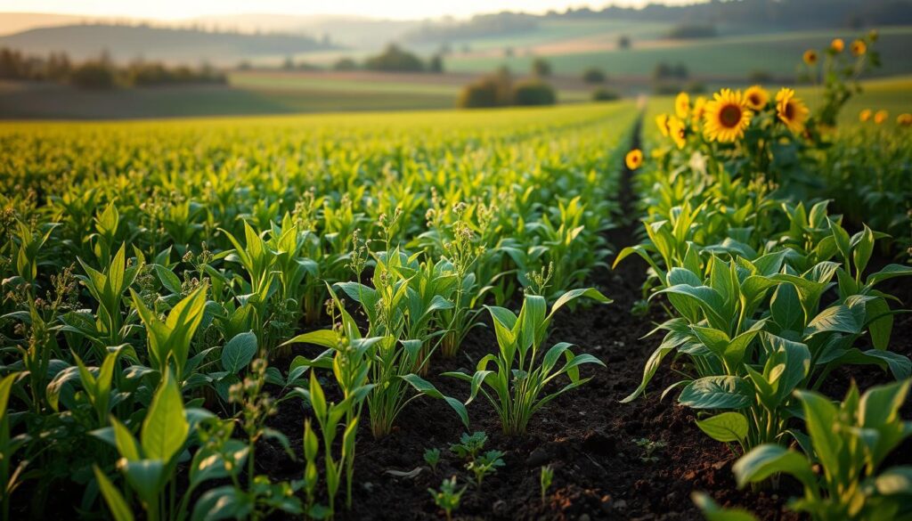 An expansive, lush field of cover crops in varying shades of green, their vibrant foliage swaying gently in a soft breeze. In the foreground, a mix of legumes, grasses, and brassicas intertwine, their root systems nourishing the dark, fertile soil. The midground features taller, leafy plants like buckwheat and sunflowers, their blooms adding pops of color. In the background, a rolling landscape of hills and distant trees create a serene, bucolic setting, illuminated by warm, golden-hour lighting. The scene conveys the abundance and vitality of a healthy, living soil, primed for cultivation through the process of green manuring.