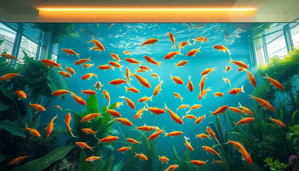 An expansive, modern aquarium filled with a vibrant school of graceful, shimmering gold and orange koi fish swimming amidst lush aquatic plants. The aquarium is situated in a bright, airy space with large windows, allowing natural light to pour in and create a serene, calming atmosphere. The glass walls of the aquarium are sleek and seamless, providing an unobstructed view of the captivating underwater ecosystem. Subtle, warm lighting from above accentuates the vivid colors of the fish and the verdant foliage, creating a tranquil, inviting ambiance. The overall composition conveys a sense of spaciousness and harmony, showcasing an aquarium that provides ample room for the koi to thrive in a natural, comfortable environment.