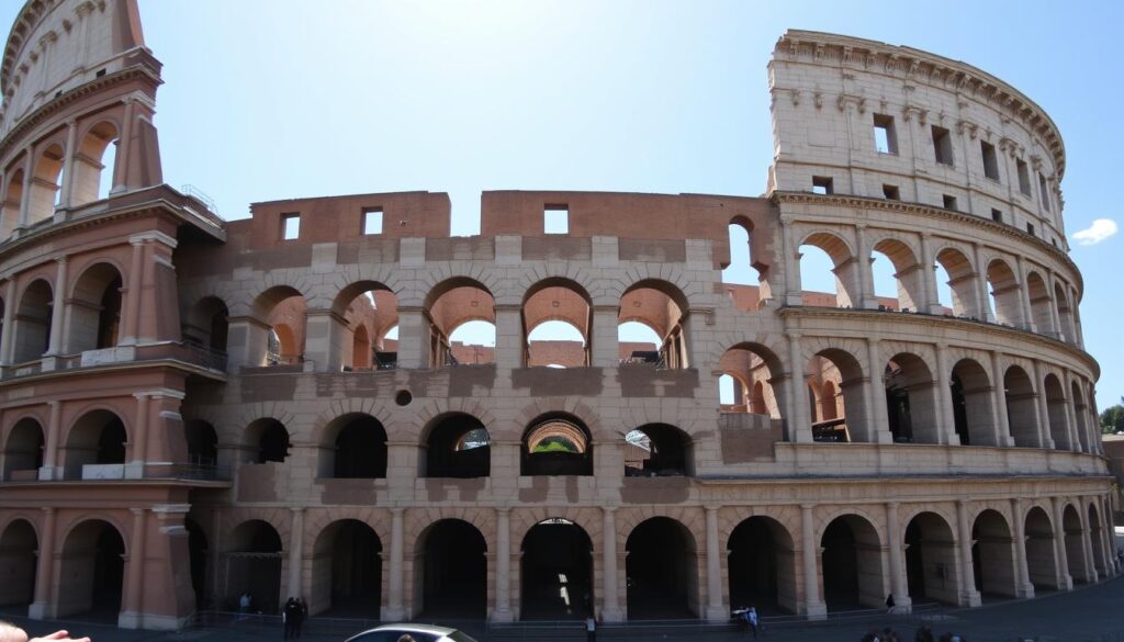 An imposing architectural masterpiece, the Colosseum stands as a testament to the engineering prowess of ancient Rome. A breathtaking sight, its massive stone structure rises majestically, adorned with intricate arches and columns that cast dramatic shadows across the scene. The amphitheater's tiered seating levels, once filled with spectators, now lie in stately ruin, conveying a sense of grandeur and history. Sunlight filters through the open-air design, illuminating the weathered yet sturdy construction, showcasing the advanced techniques and materials employed by the Roman builders. This iconic landmark, a symbol of Roman ingenuity and power, continues to captivate and inspire awe in all who behold its architectural mastery.