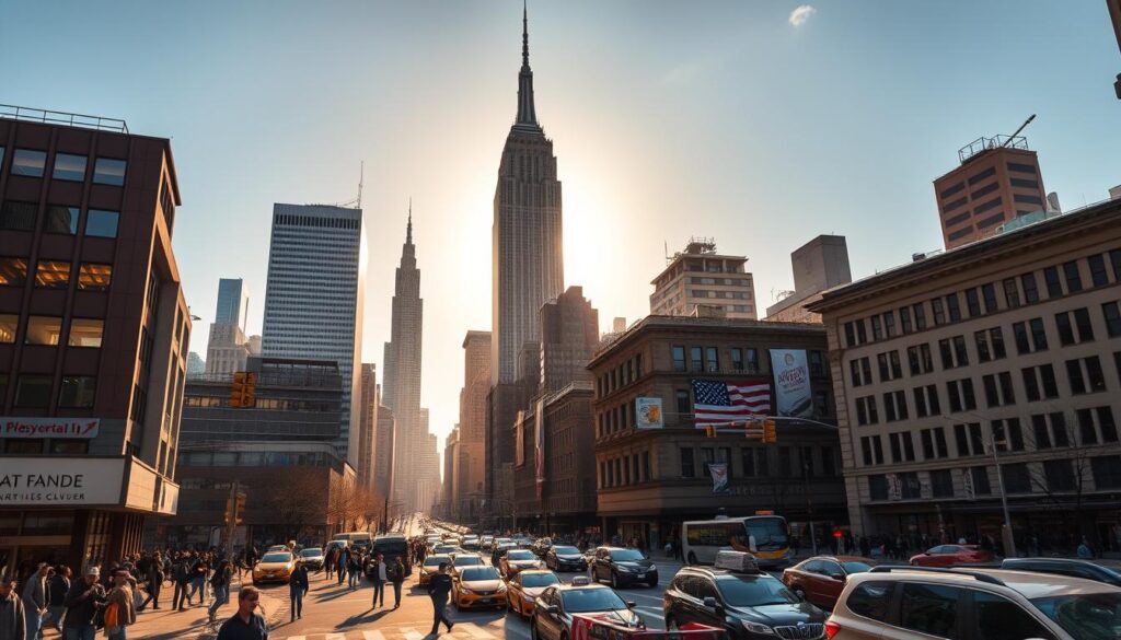 An imposing silhouette of the iconic Empire State Building, its Art Deco spire reaching towards the sky, stands prominently in the foreground. Pedestrians, cabs, and bustling city life fill the busy intersection of Fifth Avenue and 34th Street in the middle ground, while towering skyscrapers and a vibrant cityscape create the backdrop. The scene is illuminated by a warm, golden afternoon light, casting dramatic shadows and imbuing the atmosphere with a sense of energy and anticipation. This comprehensive view captures the practical approach to visiting the famous landmark, showcasing its prominent location and the dynamic urban setting that surrounds it.