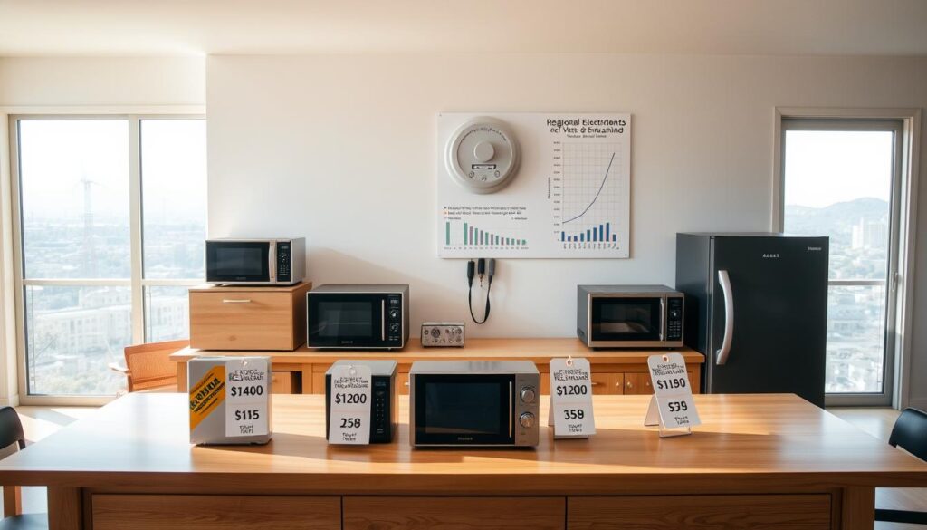 An interior scene depicting regional electricity price differences, showcasing a well-lit kitchen with a central table. In the foreground, several household appliances and electronics are arranged, each with a price tag reflecting varying regional electricity costs. The middle ground features a wall-mounted electricity meter and a chart or diagram illustrating the disparities in pricing across different regions. The background depicts a panoramic view through a large window, providing a sense of scale and the broader geographic context. The overall mood is one of informative analysis, with a subtle touch of concern over the financial impact on households.