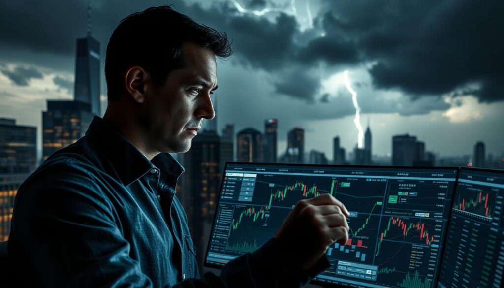 Anlagestrategien in volatilen Märkten: A masterful blend of precision and poise. A dark-toned cityscape, its towering skyscrapers casting long shadows, sets the stage for a financial landscape in flux. In the foreground, a lone investor navigates a web of stock charts and financial data, their expression calm and resolute, undaunted by the turbulence around them. Soft, dramatic lighting illuminates the scene, highlighting the intricate details of the trading console and the steely determination of the subject. In the background, a storm gathers, its ominous clouds hinting at the volatility of the market, yet the investor remains steadfast, their strategies a beacon of stability in the face of uncertainty.