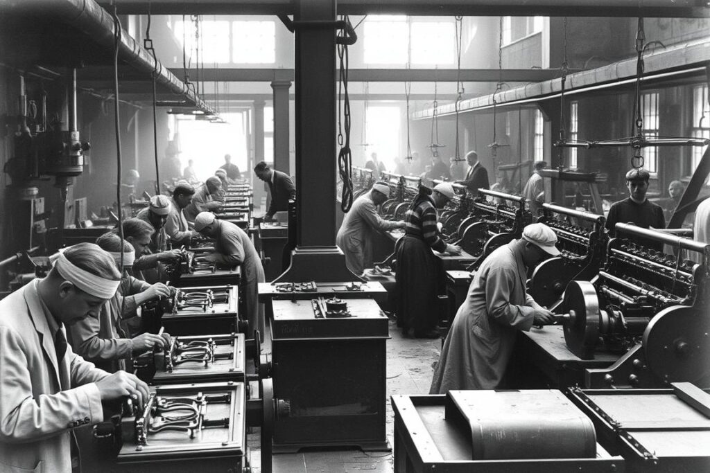 Arbeiter in einer Fabrik unter schwierigen Bedingungen während der Industrialisierung