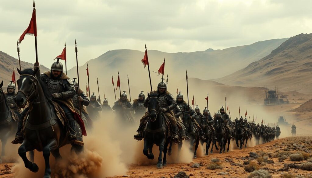 Armored vehicles of the Mongol army, advanced for their time, thundering across the vast Eurasian steppe. In the foreground, a heavily armored cavalry unit wielding fearsome medieval weapons, their horses' hooves kicking up clouds of dust. In the middle ground, siege engines and supply wagons, their crews dressed in traditional Mongol garb. The background features a rugged, windswept landscape, hazy under an overcast sky, conveying the scale and power of the Mongol war machine. The scene is lit with a dramatic, cinematic quality, highlighting the disciplined might and tactical prowess of the Mongol forces.