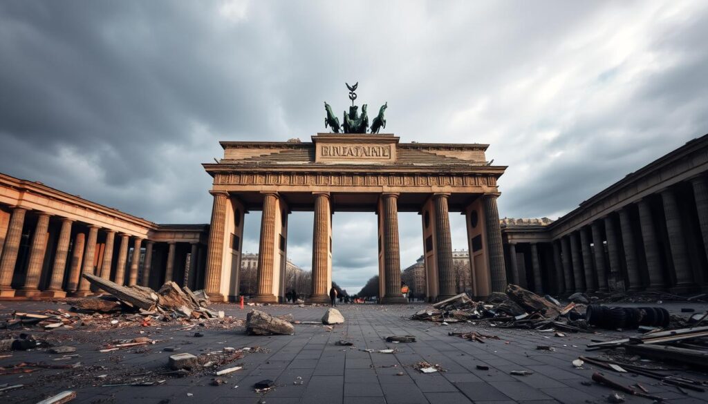 Bombed and battered, the iconic Brandenburg Gate stands as a haunting relic of war, its once-majestic form reduced to crumbling stone. Shattered columns and debris litter the surrounding square, casting long shadows under a dim, overcast sky. The grand structure's triumphal arches are marred by scars of battle, a poignant testament to the devastation of the 20th century. Capturing the somber mood of a nation rebuilding, this image conveys the resilience and perseverance that would see the Gate restored to its former glory, a symbol of Germany's indomitable spirit.