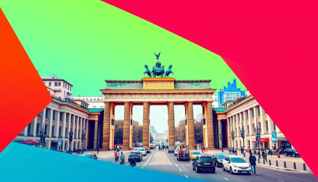 Brandenburger Tor, a majestic Neoclassical landmark in the heart of Berlin, standing tall and proud as it has for centuries. The iconic gate, with its grand archway and imposing Quadriga statue, is captured in a vibrant, pop-art inspired scene. Bright, bold colors dance across the façade, evoking the energy and dynamism of contemporary culture. In the foreground, the gate is framed by a dynamic, geometric composition, with sharp angles and geometric shapes that echo the architectural elements. The middle ground features a bustling, cosmopolitan street scene, with pedestrians, vehicles, and a sense of urban vitality. In the background, the city skyline stretches out, a testament to Berlin's rich history and modern evolution. The overall mood is one of celebration, capturing the Brandenburger Tor's enduring place in the public imagination as a symbol of German unity and cultural identity.