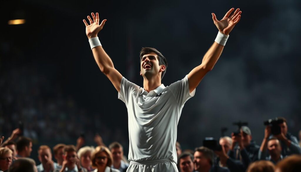 Djokovic stands with arms raised in a triumphant Wimbledon celebration, his face a mixture of joy and defiance. The spotlight illuminates his athletic form, capturing the intensity of the moment. In the foreground, fans and media crowd the scene, their reactions ranging from elation to confusion, mirroring the polarizing nature of his celebratory gestures. The background blurs into a hazy, dreamlike atmosphere, emphasizing the charged emotional energy of the occasion. The lighting casts dramatic shadows, creating a cinematic, high-contrast effect that heightens the drama and controversy surrounding Djokovic's display.