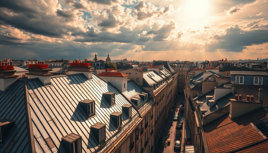 Dramatic rooftops of Paris under a scorching summer sun, with iconic zinc tiles glistening in the heat. A vibrant cityscape of historic buildings, their facades casting shadows that dance across the narrow streets below. The air shimmers with the intensity of the heatwave, as residents seek refuge in the shade, longing for a cooling breeze. Capture the oppressive, sultry atmosphere that envelops the city, highlighting the challenges posed by the Parisian architectural design in the face of rising temperatures. A high-angle, panoramic view that conveys the scale and impact of the heatwave on this iconic urban landscape.
