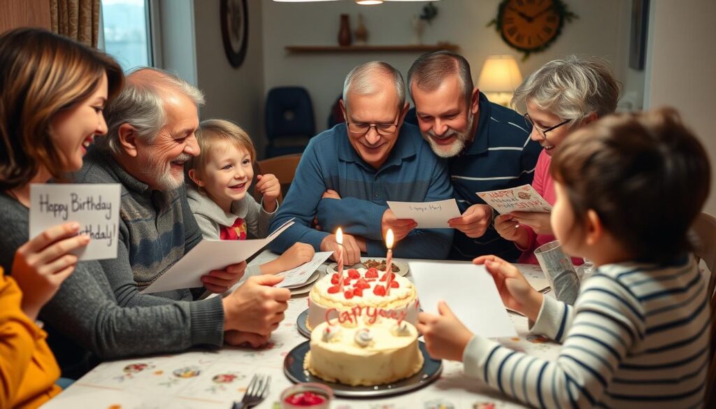 Familienmitglieder feiern Geburtstag eines Mannes mit persönlichen Geburtstagswünschen