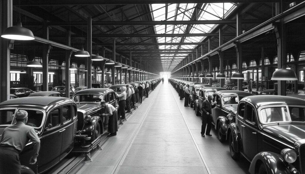 Fließbandproduktion in einer Fabrik während der zweiten Phase der Industrialisierung Fließbandproduktion in einer Fabrik während der zweiten Phase der Industrialisierung