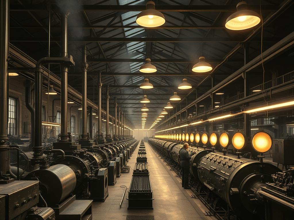 Frühe elektrische Generatoren und Beleuchtung in einer Fabrik während der Industrialisierung Frühe elektrische Generatoren und Beleuchtung in einer Fabrik während der Industrialisierung