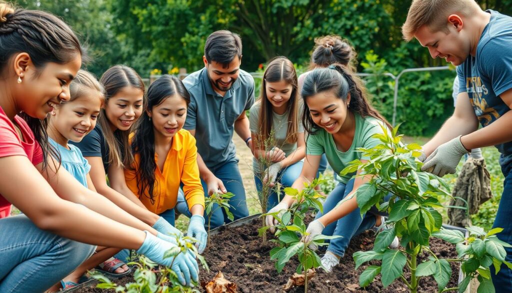 Gemeinsam für eine nachhaltige Zukunft: Menschen verschiedener Generationen arbeiten zusammen an Umweltprojekten Gemeinsam für eine nachhaltige Zukunft: Menschen verschiedener Generationen arbeiten zusammen an Umweltprojekten