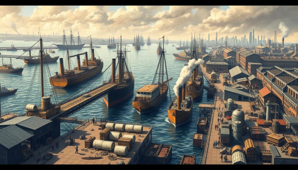 Historischer Hafen mit Dampfschiffen als Symbol der frühen Globalisierung während der Industrialisierung Historischer Hafen mit Dampfschiffen als Symbol der frühen Globalisierung während der Industrialisierung