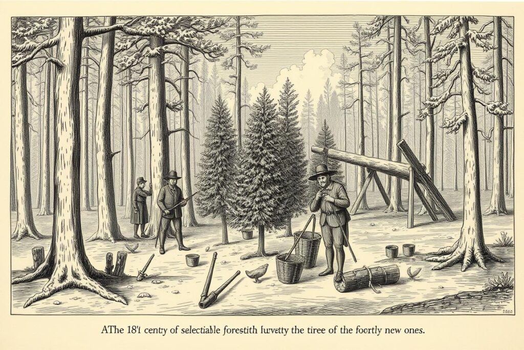 Historisches Bild der nachhaltigen Forstwirtschaft: Illustration aus dem 18. Jahrhundert zeigt frühe Konzepte der Nachhaltigkeit Historisches Bild der nachhaltigen Forstwirtschaft: Illustration aus dem 18. Jahrhundert zeigt frühe Konzepte der Nachhaltigkeit