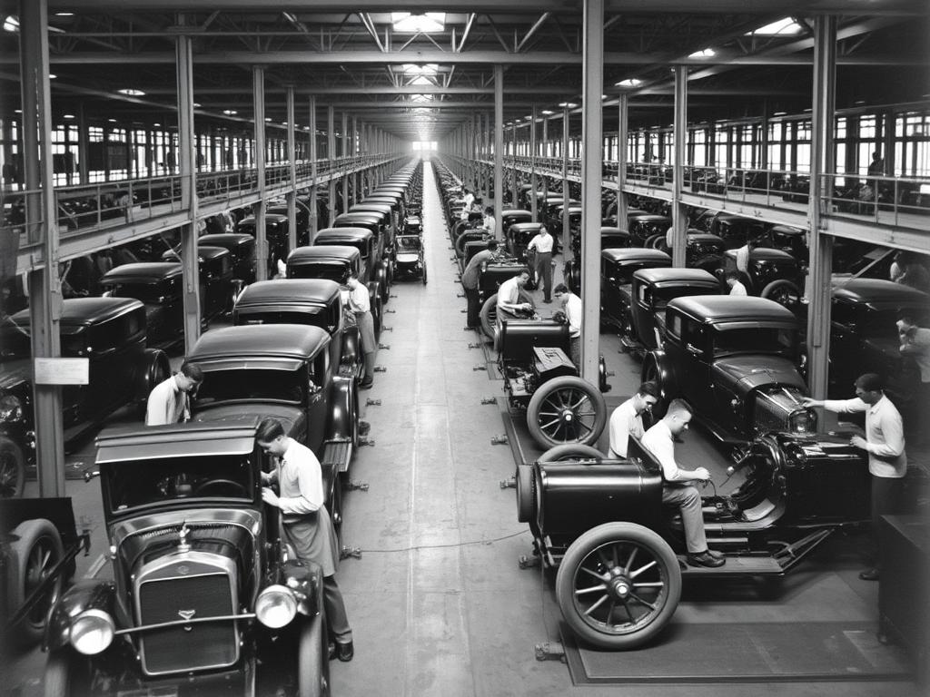 Historisches Fließband in einer Fabrik während der Industrialisierung Historisches Fließband in einer Fabrik während der Industrialisierung