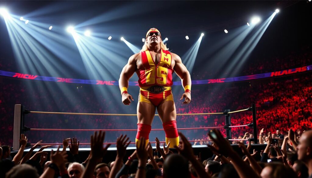 Hulk Hogan, larger-than-life wrestler, stands tall in the center of the WrestleMania ring, his signature yellow and red outfit accentuating his muscular frame. Beams of dramatic lighting cast long shadows, creating a sense of intensity and grandeur. In the foreground, the crowd roars with excitement, a sea of faces and outstretched arms. The background fades into a blur of vibrant colors, capturing the electric atmosphere of the iconic event. The image exudes the essence of Hogan's legendary career, a true embodiment of the spectacle and drama that defined his time in the wrestling spotlight.