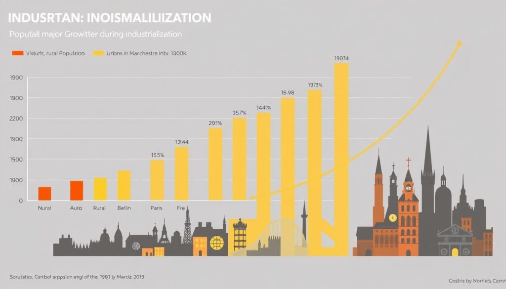 Infografik zur Bevölkerungsentwicklung in europäischen Städten von 1800-1900 während der Industrialisierung