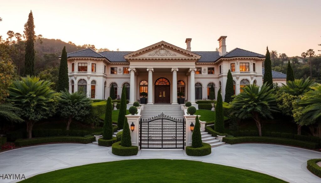 Kaulitz Hills Villa Los Angeles, a sprawling estate nestled in the heart of the city's opulent hills. A grand, neoclassical facade stands tall, framed by lush, manicured gardens and a sweeping driveway leading to a gated entrance. Warm, golden sunlight filters through tall windows, casting a soft, inviting glow across the villa's elegant interiors. Ornate moldings, polished marble floors, and a grand, spiral staircase hint at the luxurious lifestyle within. The property's sheer scale and impeccable design exude an aura of power, wealth, and exclusivity, befitting the lavish home of a renowned celebrity like Bill Kaulitz.